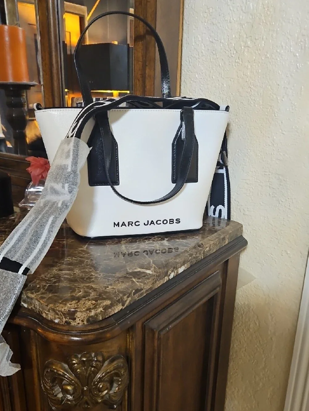 New Marc Jacobs White Tote with Black Trim and Logo Strap